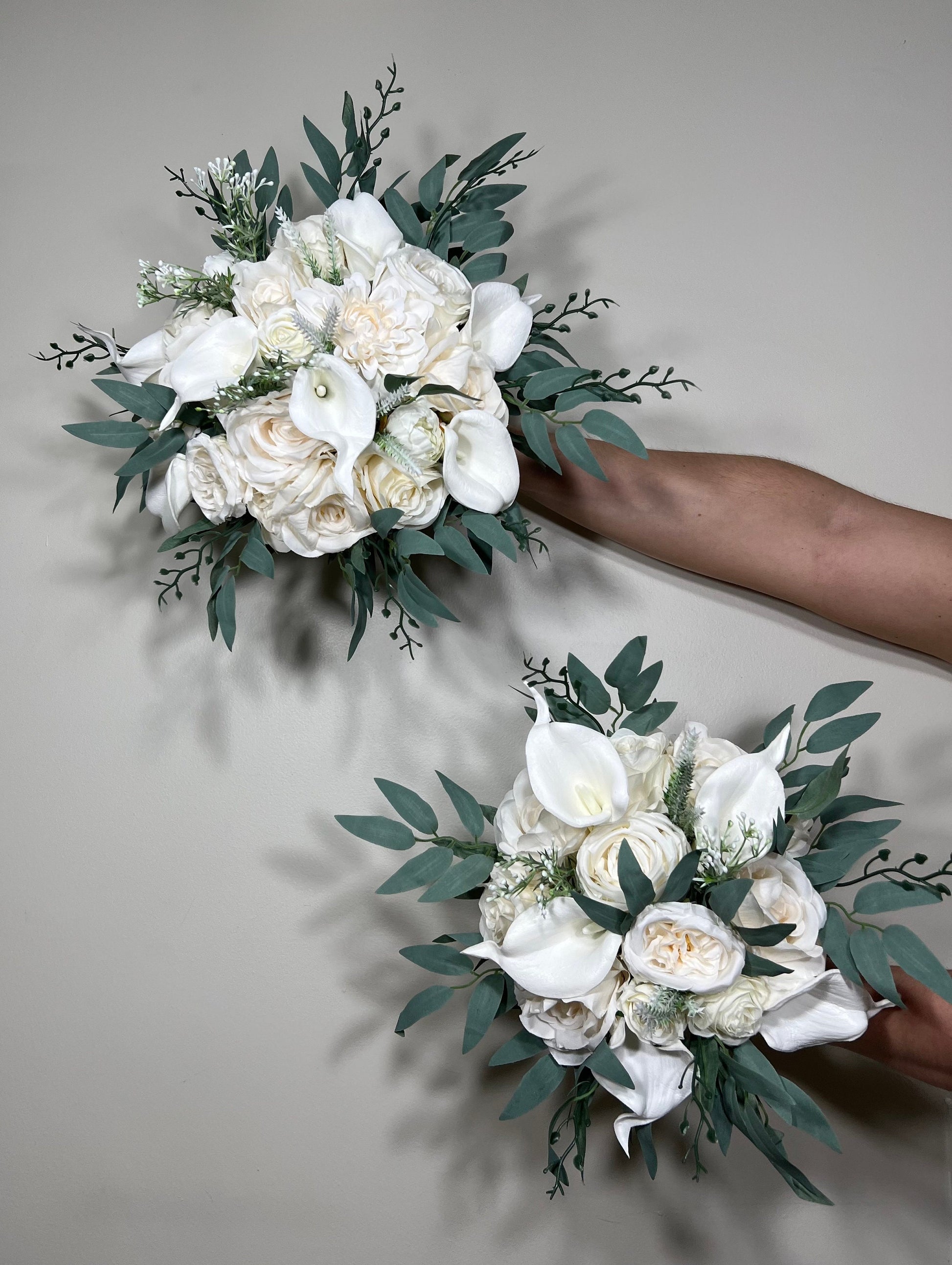 Wedding Calla Lilies Bouquet White Bridal Ivory Bouquet Classic Sage Eucalyptus Greenery Calla Lily Bridesmaids Bouquet Artificial Flowers
