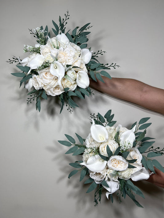 Wedding Calla Lilies Bouquet White Bridal Ivory Bouquet Classic Sage Eucalyptus Greenery Calla Lily Bridesmaids Bouquet Artificial Flowers