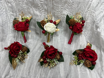 Christmas White Gold Red Boutonniere Wedding Groom Boutonnières Groomsmen Ivory Boutonnière Christmas Pine Cone Artificial Flowers