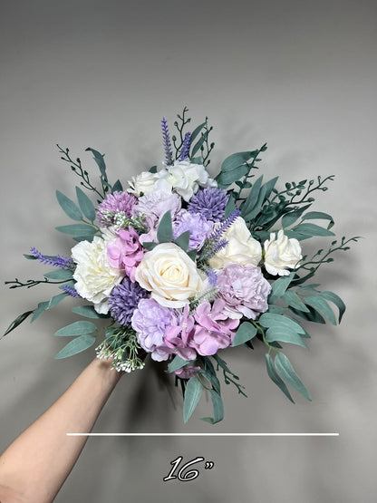 Wedding Lavender Bouquet Purple Bridal Violet Bouquet Bridesmaids Lilac Dandelion White Eucalyptus Ivory Wild Flowers Artificial