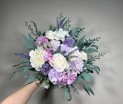 Wedding Lavender Bouquet Purple Bridal Violent Bouquet Plum Bridesmaids Lilac Dandelion White Eucalyptus Ivory Wild Flowers Artificial