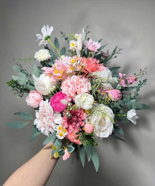 Wedding Wild Flower Bouquet Pink Bridal Dusty Rose Bouquet Bridesmaids White Viva Magenta Eucalyptus Fuchsia Spring Peony Artificial Flower