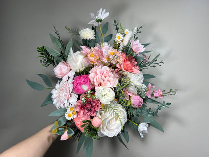 Wedding Wild Flower Bouquet Pink Bridal Dusty Rose Bouquet Bridesmaids White Pink Eucalyptus Fuchsia Spring Peony Artificial Flower Wild