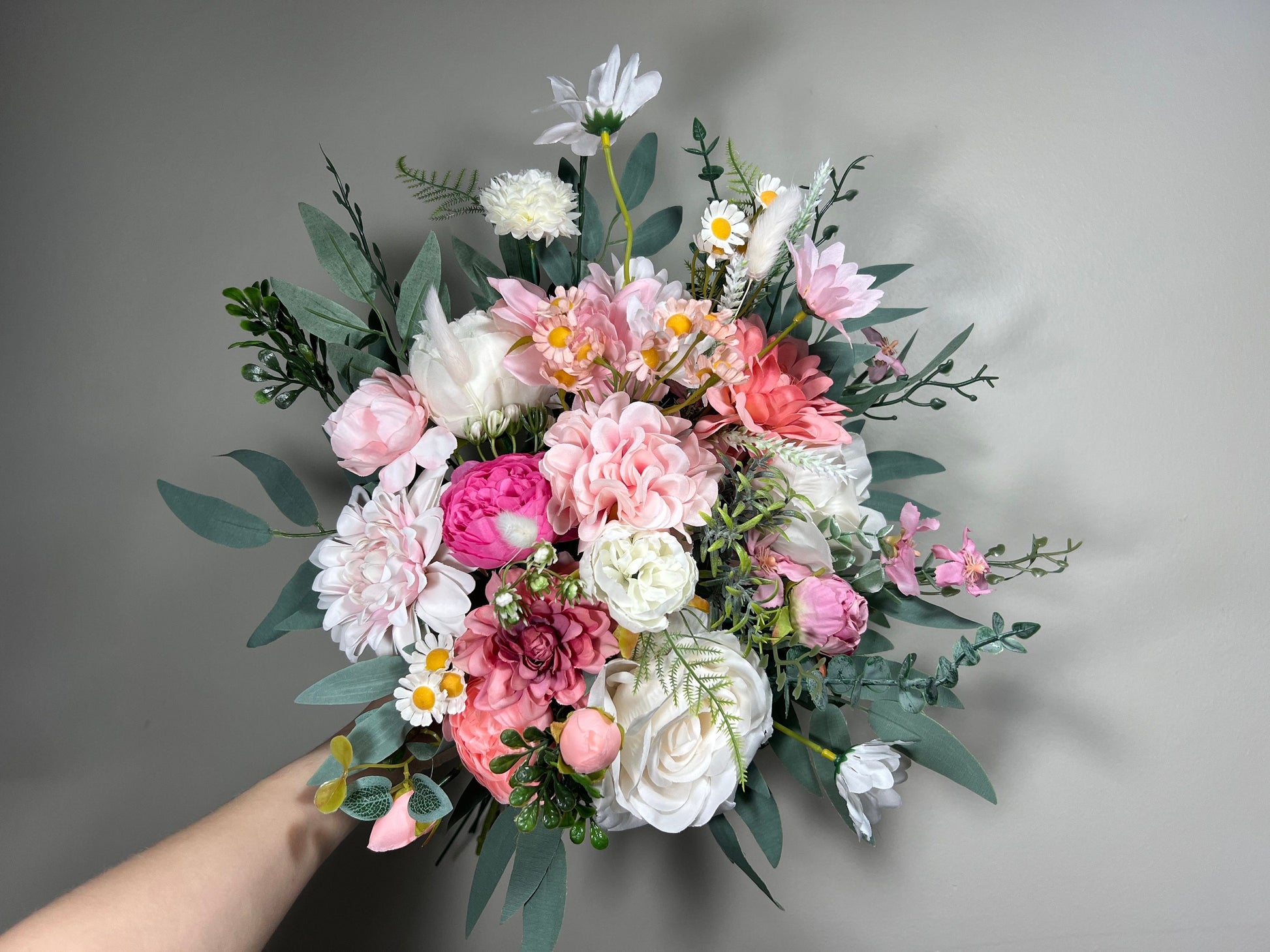 Wedding Wild Flower Bouquet Pink Bridal Dusty Rose Bouquet Bridesmaids White Viva Magenta Eucalyptus Fuchsia Spring Peony Artificial Flower