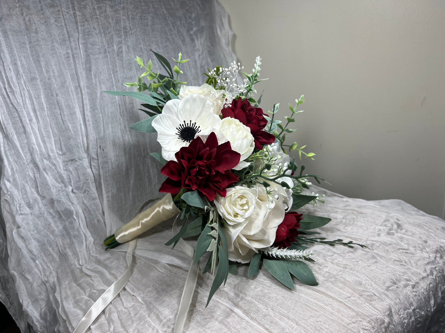 Wedding Bouquet Anemone Bridal Ivory Anemone White Bridesmaids Bouquet Burgundy Dahlia White Anemone Winter Christmas Artificial Flower