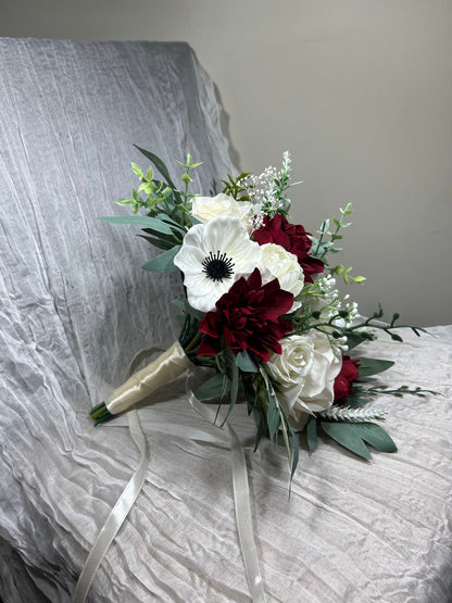 Wedding Bouquet Anemone Bridal Ivory Anemone White Bridesmaids Bouquet Burgundy Dahlia White Anemone Winter Christmas Artificial Flower