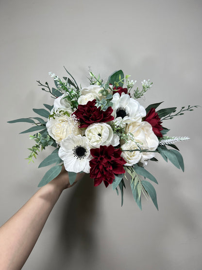 Wedding Bouquet Anemone Bridal Ivory Anemone White Bridesmaids Bouquet Burgundy Dahlia White Anemone Winter Christmas Artificial Flower