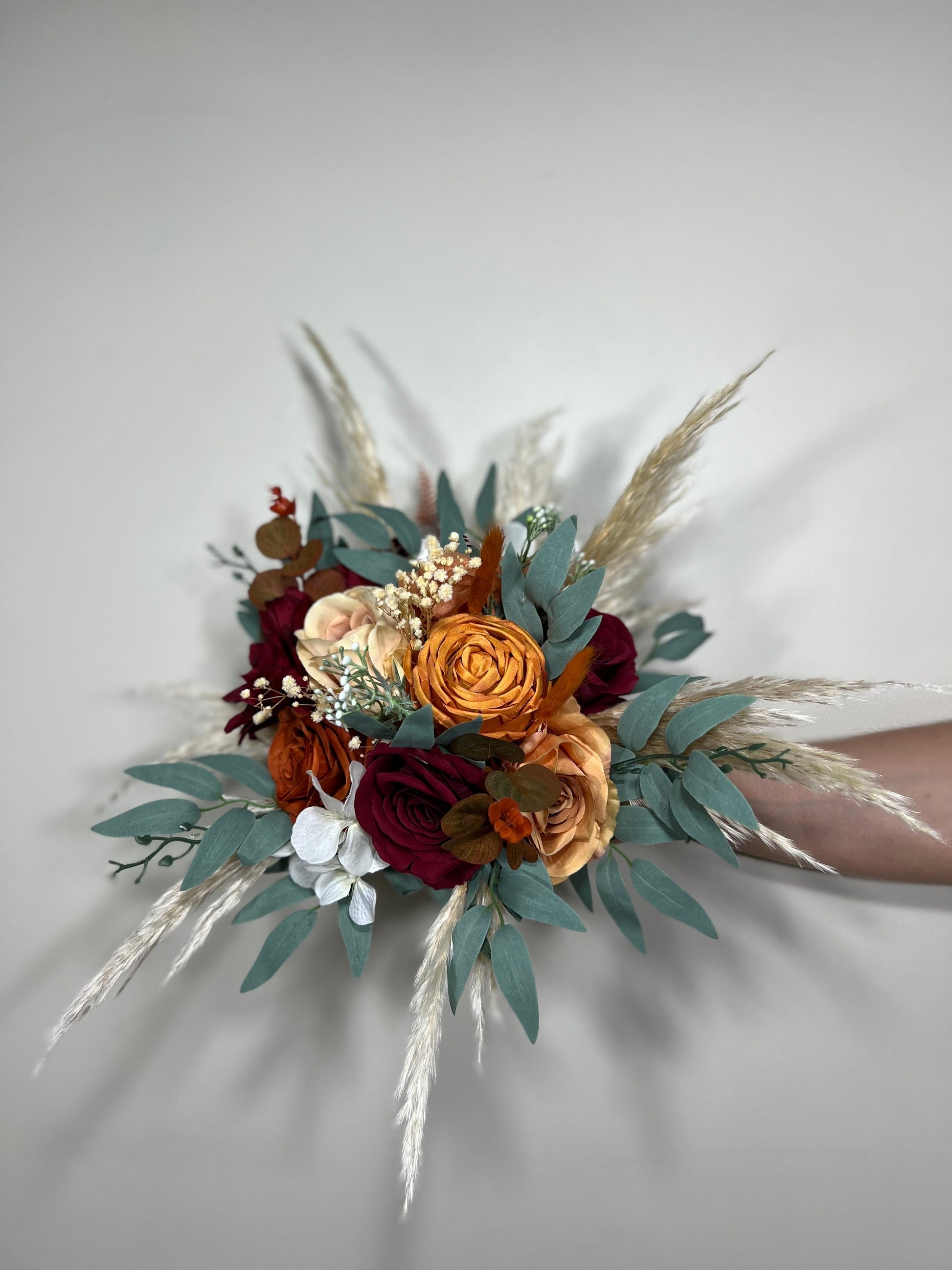Wedding Bouquet Rust Burgundy Bouquet Bridal Terracotta Pampas Grass Bridesmaids Bouquet Burnt Orange Ivory Fall Hydrangea Artificial Flower