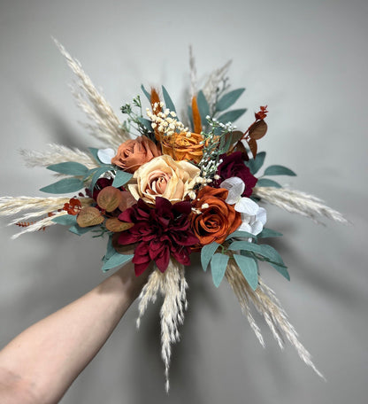 Wedding Bouquet Rust Burgundy Bouquet Bridal Terracotta Pampas Grass Bridesmaids Bouquet Burnt Orange Ivory Fall Hydrangea Artificial Flower