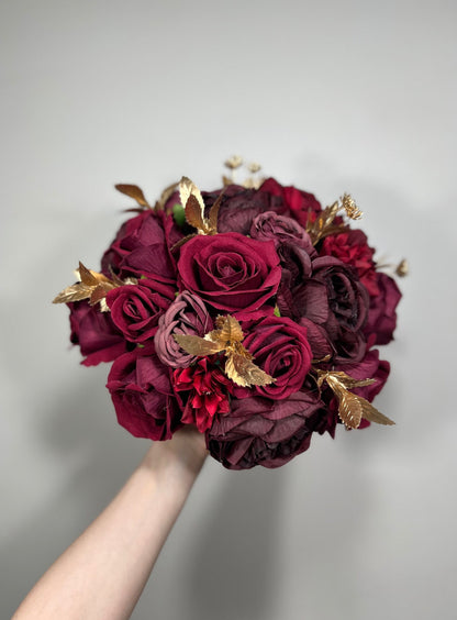 Wedding Burgundy Bouquet Bridal Gold Rustic Bridesmaids Bouquet Burgundy Maroon Red Bouquet Christmas Gold Artificial Flowers