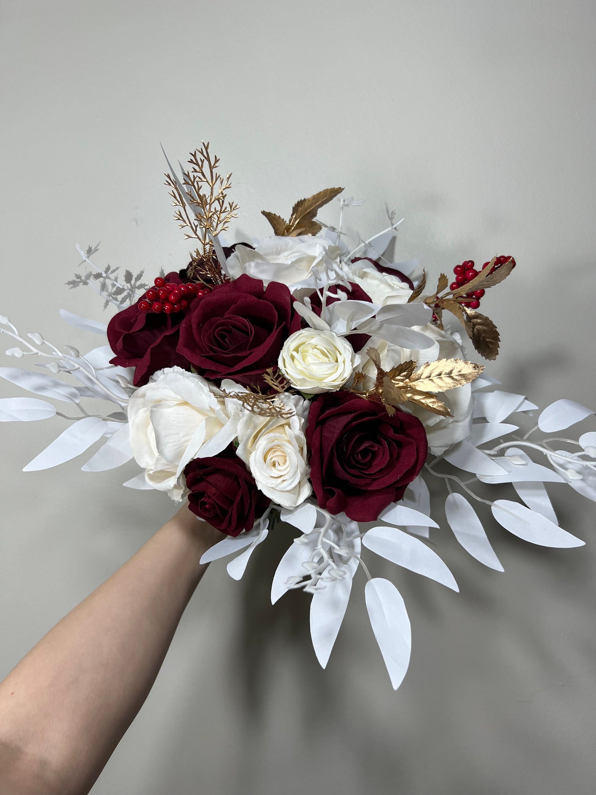 Wedding Christmas Bouquet Burgundy Bridal White Rustic Bouquet Bridesmaids Burgundy White Winter Gold Silver Ivory Artificial Flower Winter
