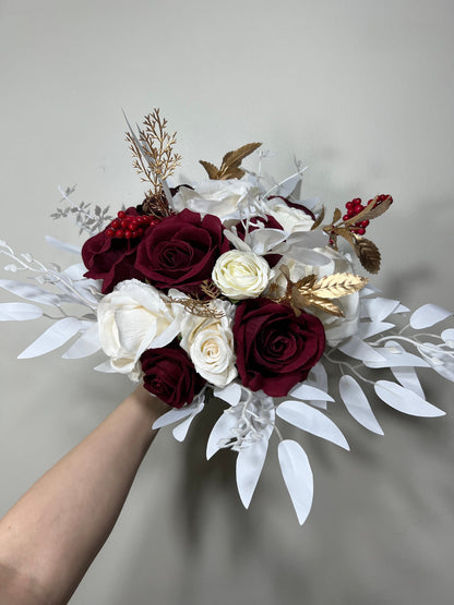 Wedding Christmas Bouquet Burgundy Bridal White Rustic Bouquet Bridesmaids Burgundy White Winter Gold Silver Ivory Artificial Flower Winter