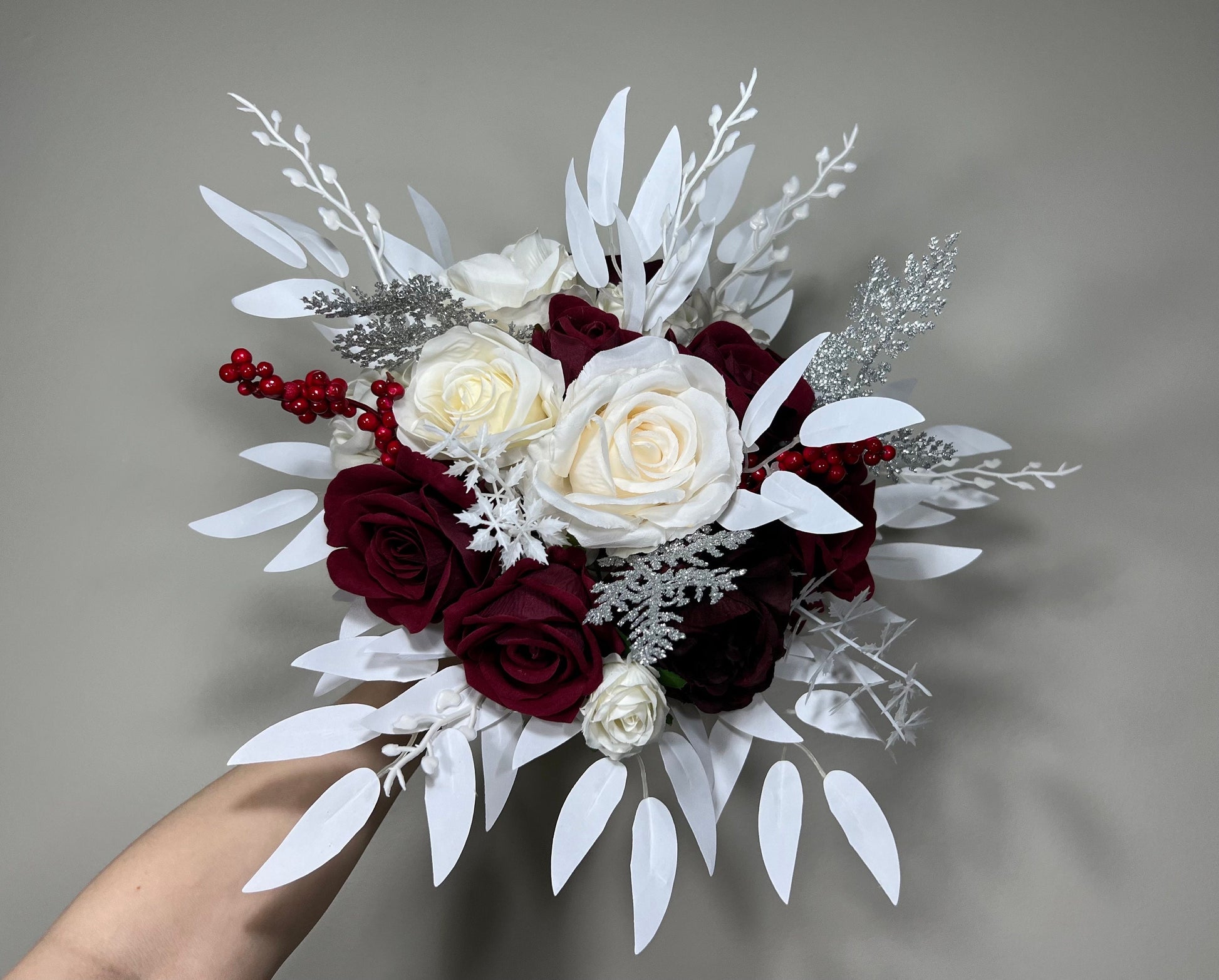 Wedding Christmas Bouquet Burgundy Bridal White Rustic Bouquet Bridesmaids Burgundy White Winter Gold Silver Ivory Artificial Flower Winter