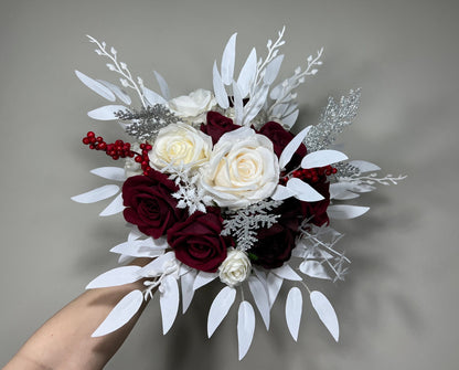 Wedding Christmas Bouquet Burgundy Bridal White Rustic Bouquet Bridesmaids Burgundy White Winter Gold Silver Ivory Artificial Flower Winter