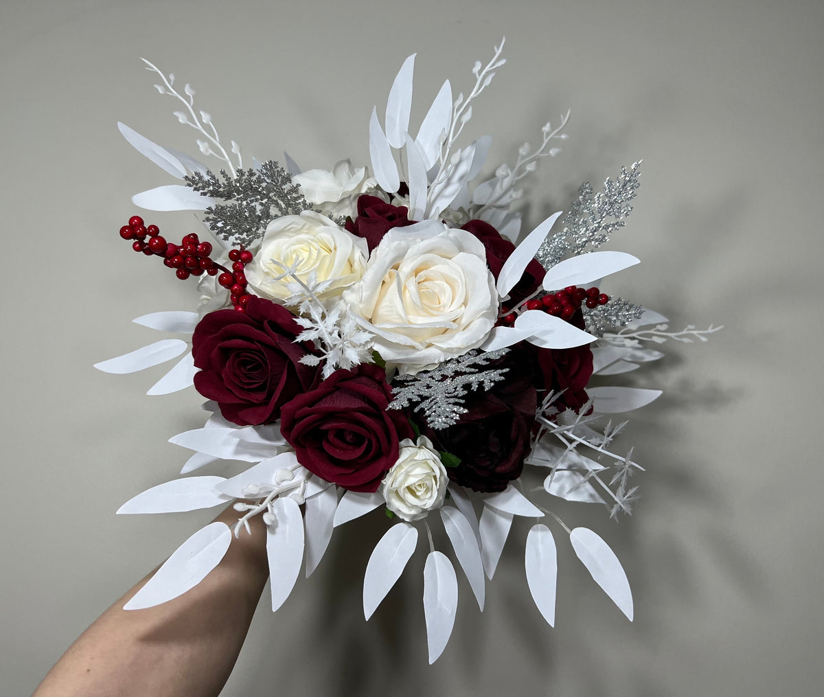 Wedding Christmas Bouquet Burgundy Bridal White Rustic Bouquet Bridesmaids Burgundy White Winter Gold Silver Ivory Artificial Flower Winter