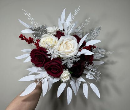 Wedding Christmas Bouquet Burgundy Bridal White Rustic Bouquet Bridesmaids Burgundy White Winter Gold Silver Ivory Artificial Flower Winter