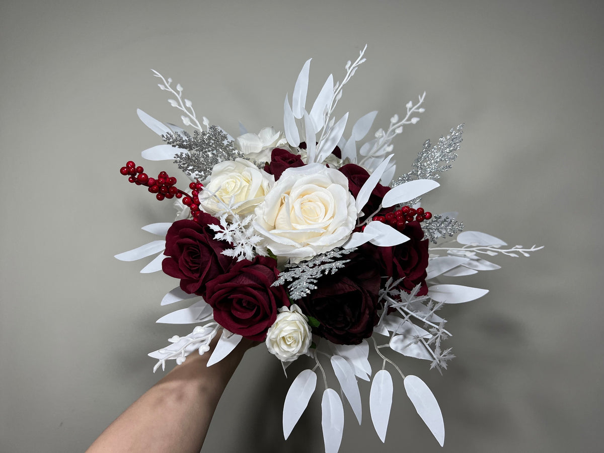 Wedding Christmas Bouquet Burgundy Bridal White Rustic Bouquet Bridesmaids Burgundy White Winter Gold Silver Ivory Artificial Flower Winter