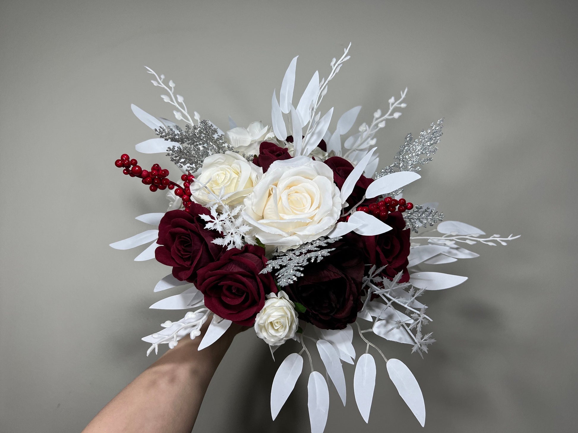Wedding Christmas Bouquet Burgundy Bridal White Rustic Bouquet Bridesmaids Burgundy White Winter Gold Silver Ivory Artificial Flower Winter