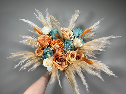 Wedding Terracotta Bouquet Bridal Teal Bridesmaids Bouquet Boho White Ivory Rust Pampas Grass Blue Terracotta Teal Artificial Flower