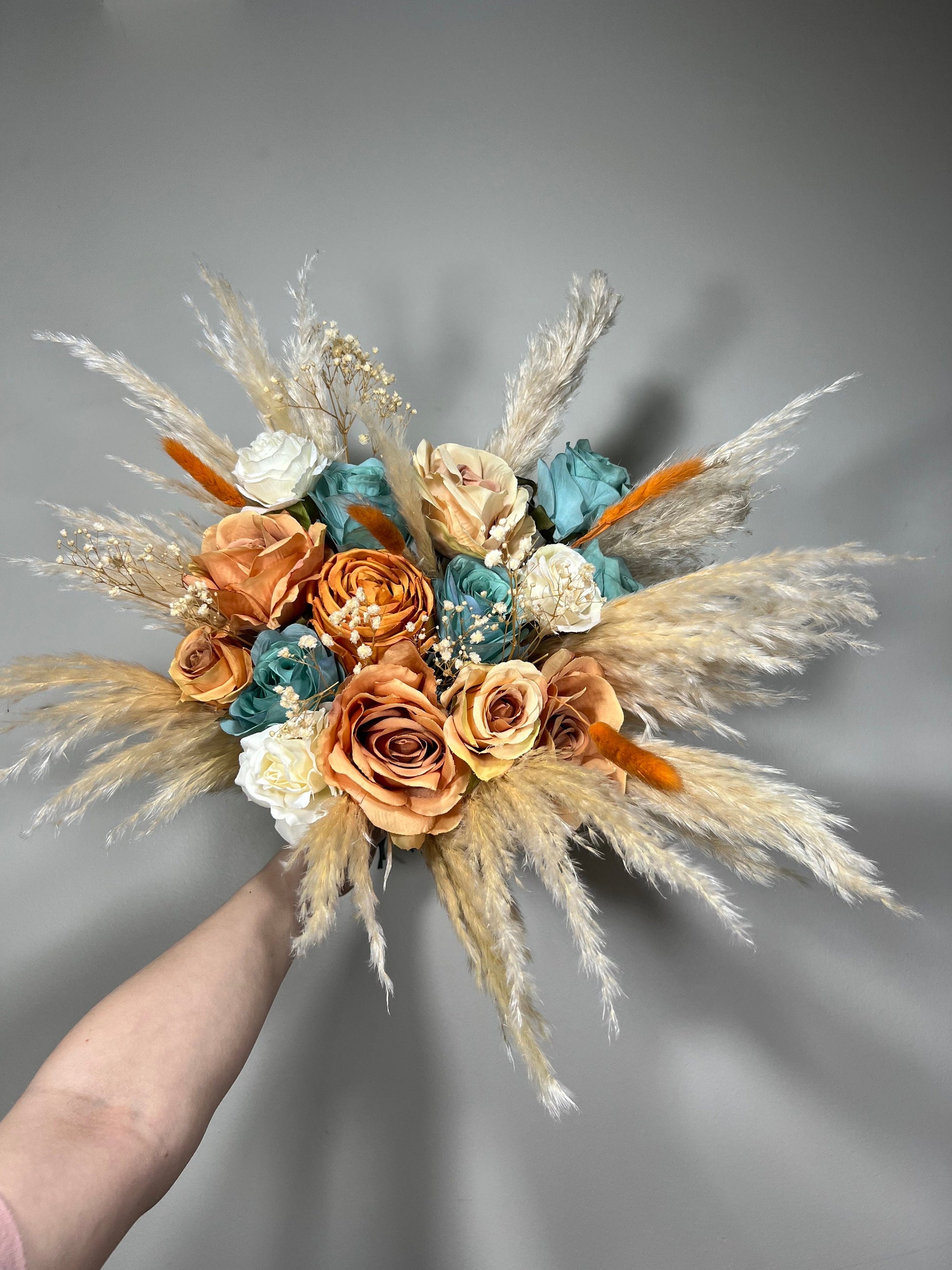 Wedding Terracotta Bouquet Bridal Teal Bridesmaids Bouquet Boho White Ivory Rust Pampas Grass Blue Terracotta Teal Artificial Flower