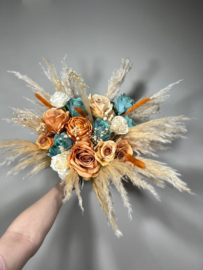 Wedding Terracotta Bouquet Bridal Teal Bridesmaids Bouquet Boho White Ivory Rust Pampas Grass Blue Terracotta Teal Artificial Flower
