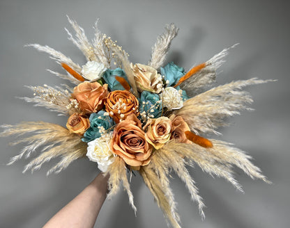 Wedding Terracotta Bouquet Bridal Teal Bridesmaids Bouquet Boho White Ivory Rust Pampas Grass Blue Terracotta Teal Artificial Flower