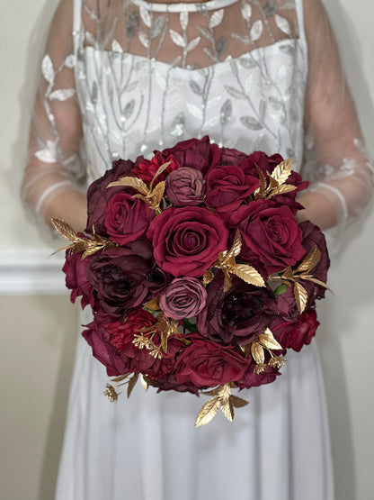 Wedding Burgundy Bouquet Bridal Gold Rustic Bridesmaids Bouquet Burgundy Maroon Red Bouquet Christmas Gold Artificial Flowers