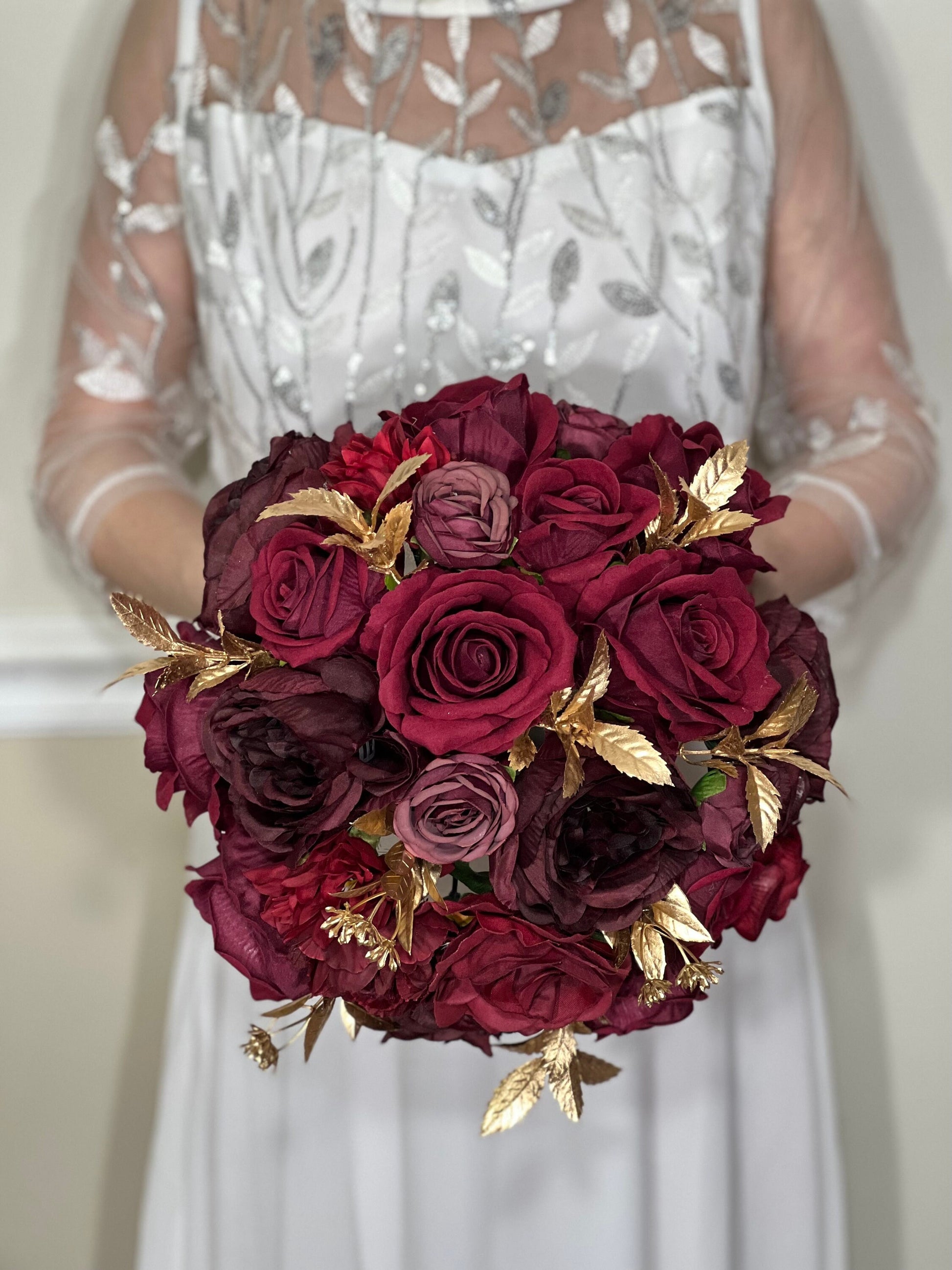 Wedding Burgundy Bouquet Bridal Gold Rustic Bridesmaids Bouquet Burgundy Maroon Red Bouquet Christmas Gold Artificial Flowers