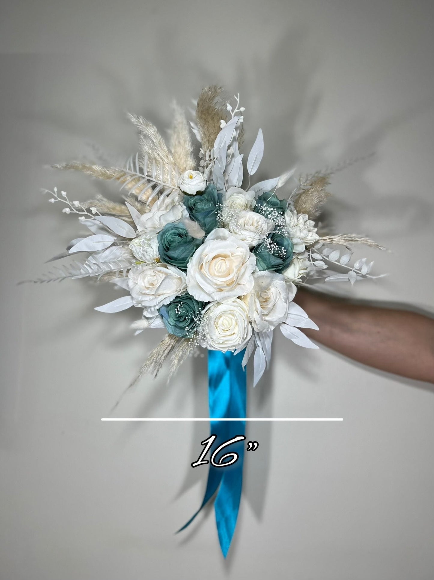 Wedding Teal Bouquet White Boho Bridal Ivory Wedding Teal Bouquet Blue Pampas Grass White Decor Bunny Tails Artificial Flower