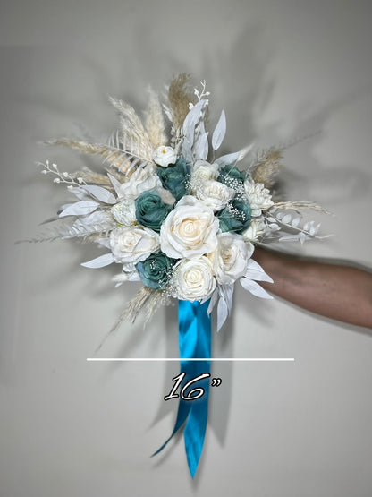 Wedding Teal Bouquet White Boho Bridal Ivory Wedding Teal Bouquet Blue Pampas Grass White Decor Bunny Tails Artificial Flower