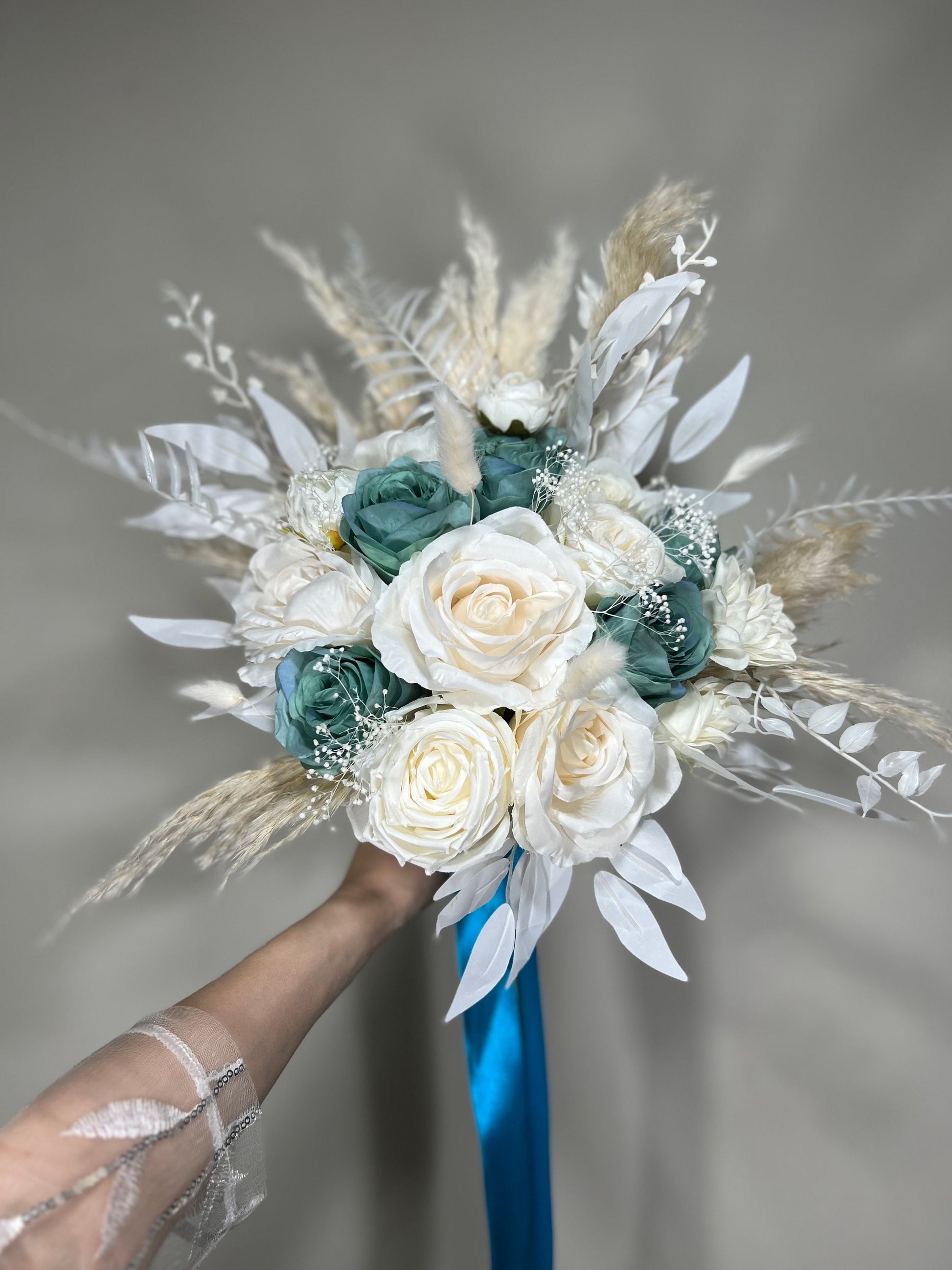 Wedding Teal Bouquet White Boho Bridal Ivory Wedding Teal Bouquet Blue Pampas Grass White Decor Bunny Tails Artificial Flower
