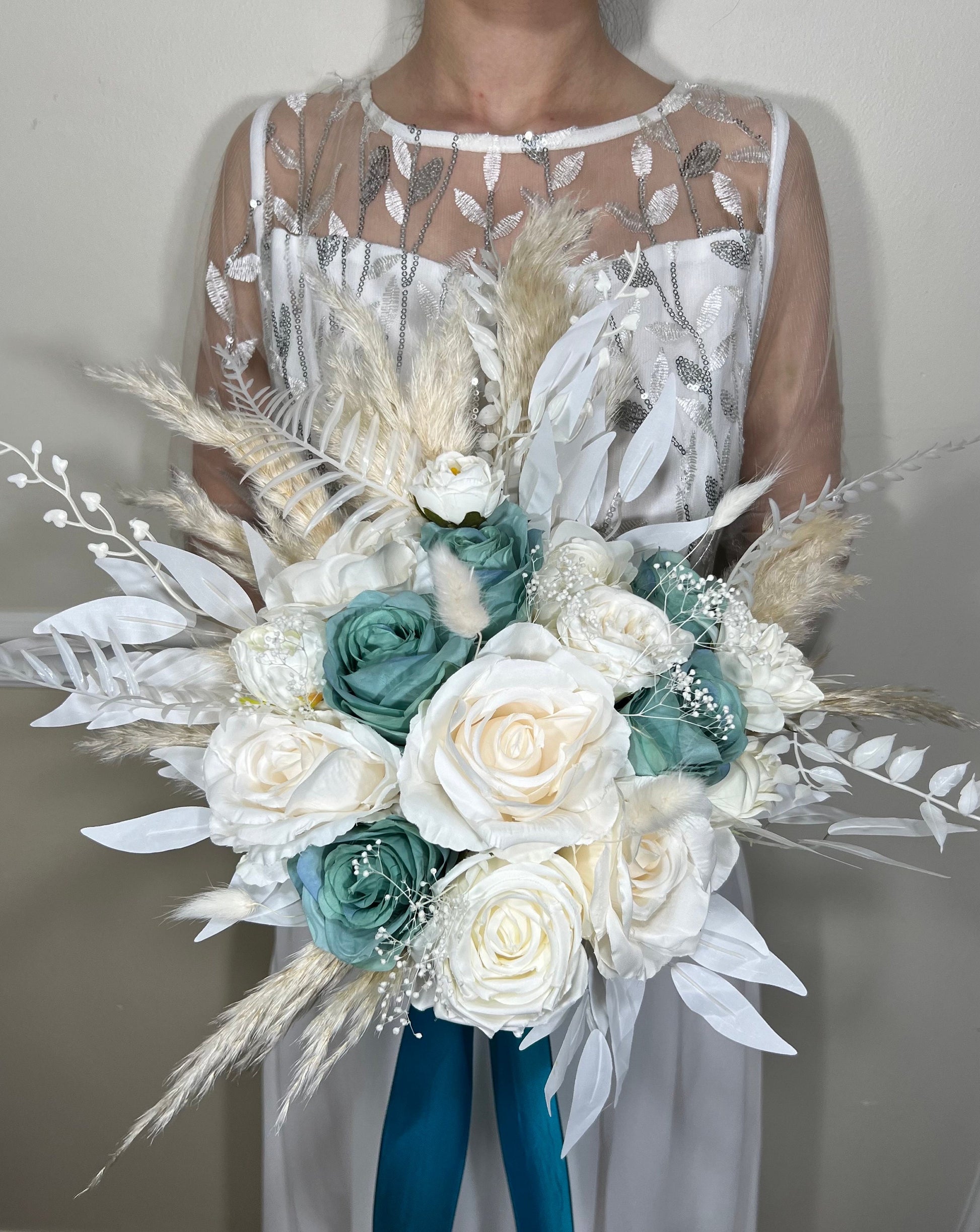 Wedding Teal Bouquet White Boho Bridal Ivory Wedding Teal Bouquet Blue Pampas Grass White Decor Bunny Tails Artificial Flower