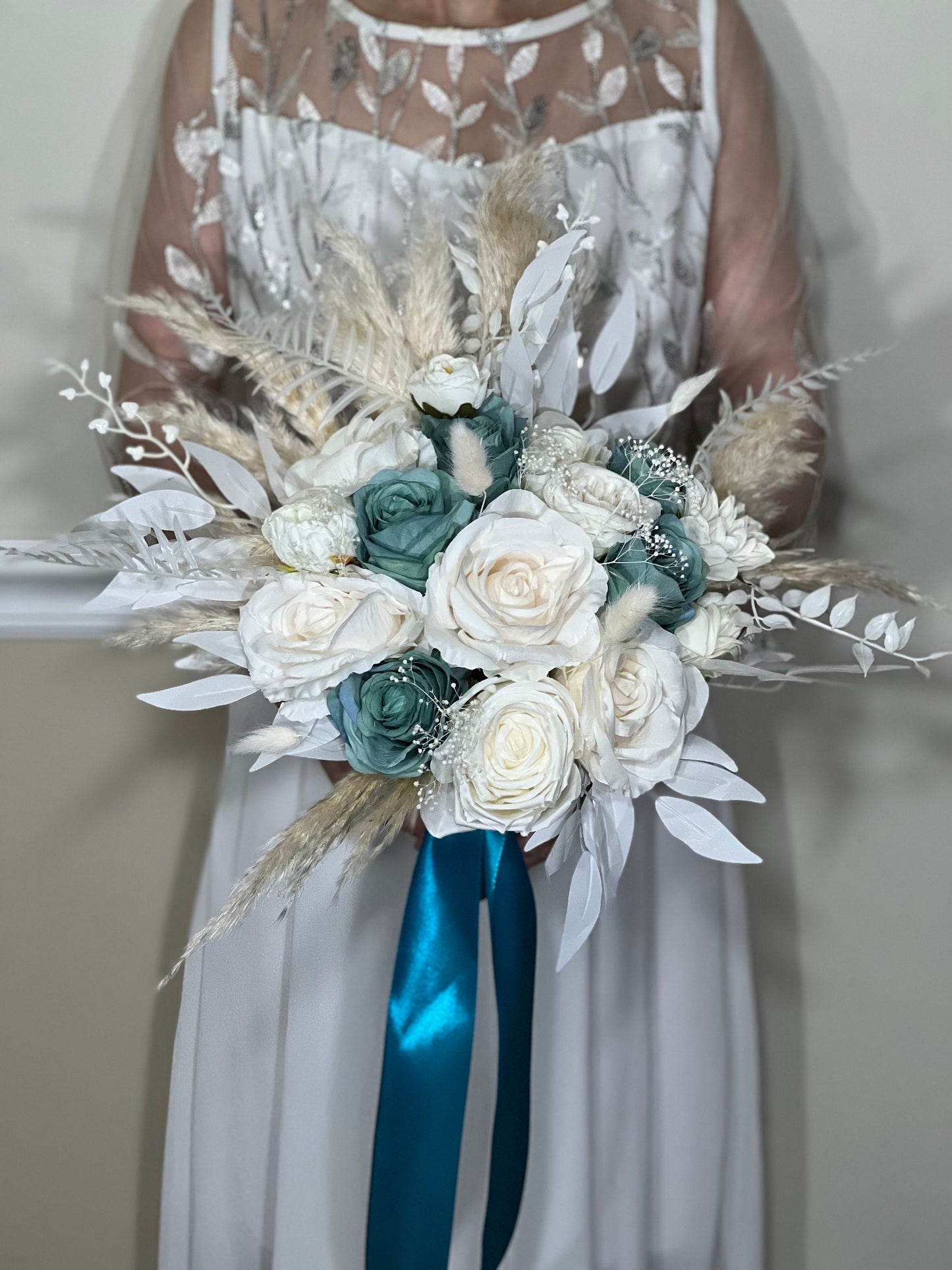 Wedding Teal Bouquet White Boho Bridal Ivory Wedding Teal Bouquet Blue Pampas Grass White Decor Bunny Tails Artificial Flower