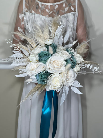 Wedding Teal Bouquet White Boho Bridal Ivory Wedding Teal Bouquet Blue Pampas Grass White Decor Bunny Tails Artificial Flower