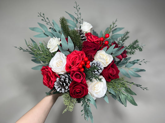 Wedding Christmas Bouquet Bridal Red White Winter Red Christmas Ivory Rustic Bridesmaids Bouquet Gold Christmas Tree Pine Cone