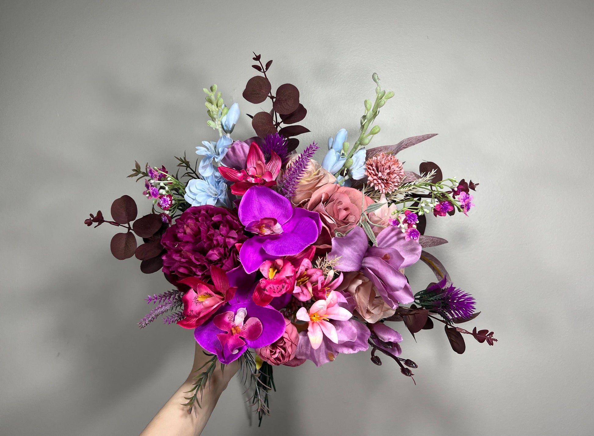 Wedding Bouquet Purple Orchid Bridesmaids Bouquet Hot Pink Fuchsia Pink Viva Magenta Orchid Bouquet Tropical Blue Purple Artificial Flower
