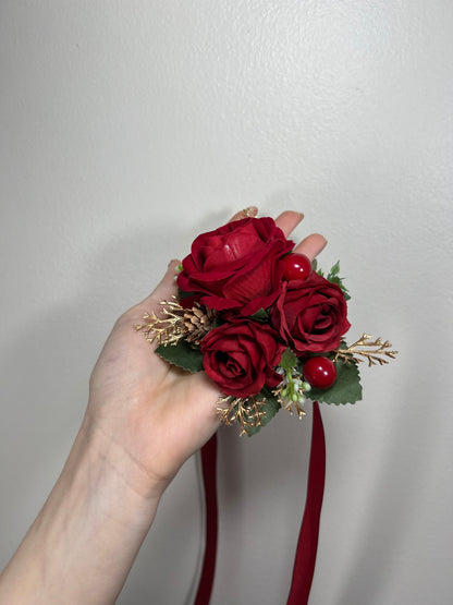 Wedding Christmas Corsage Red Gold Wedding Wrist Corsage Red Bridesmaids Burgundy Corsage Pine Cone Winter Artificial Flowers