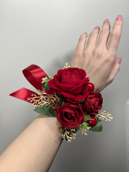 Wedding Christmas Corsage Red Gold Wedding Wrist Corsage Red Bridesmaids Burgundy Corsage Pine Cone Winter Artificial Flowers