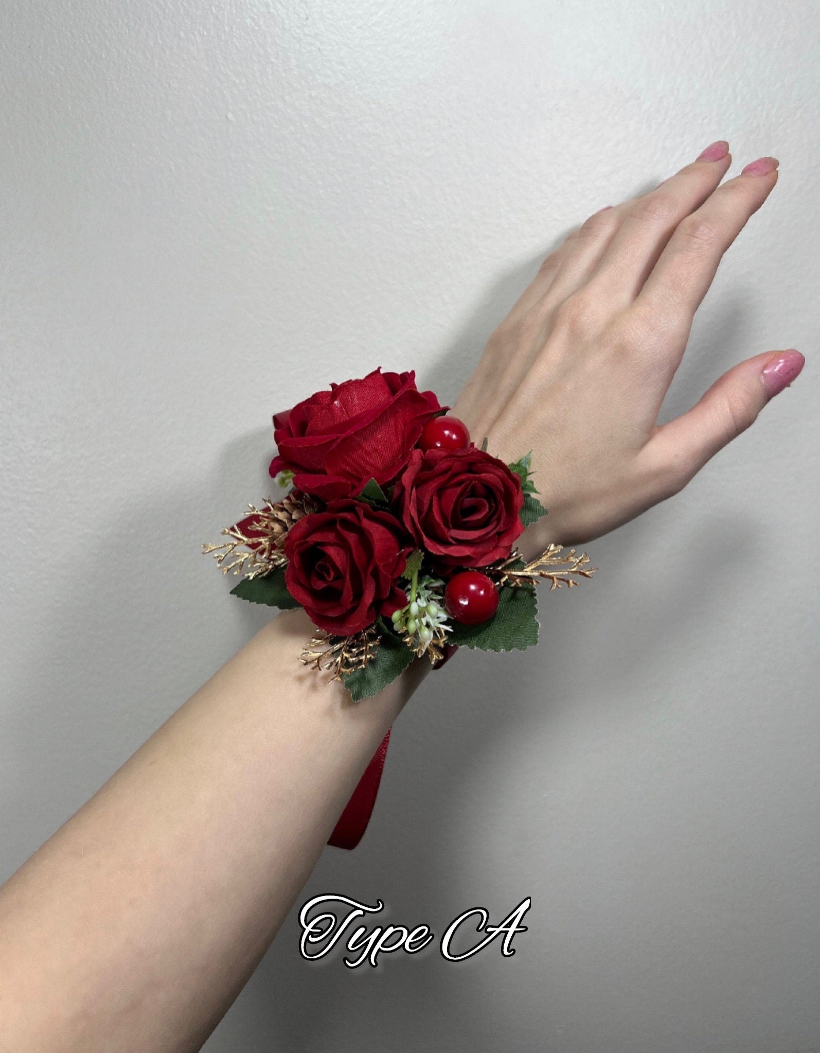 Wedding Christmas Corsage Red Gold Wedding Wrist Corsage Red Bridesmaids Burgundy Corsage Pine Cone Winter Artificial Flowers