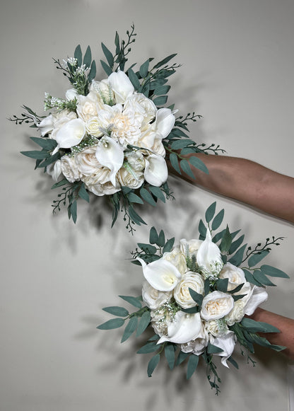 Wedding Calla Lilies Bouquet White Bridal Ivory Bouquet Classic Sage Eucalyptus Greenery Calla Lily Bridesmaids Bouquet Artificial Flowers