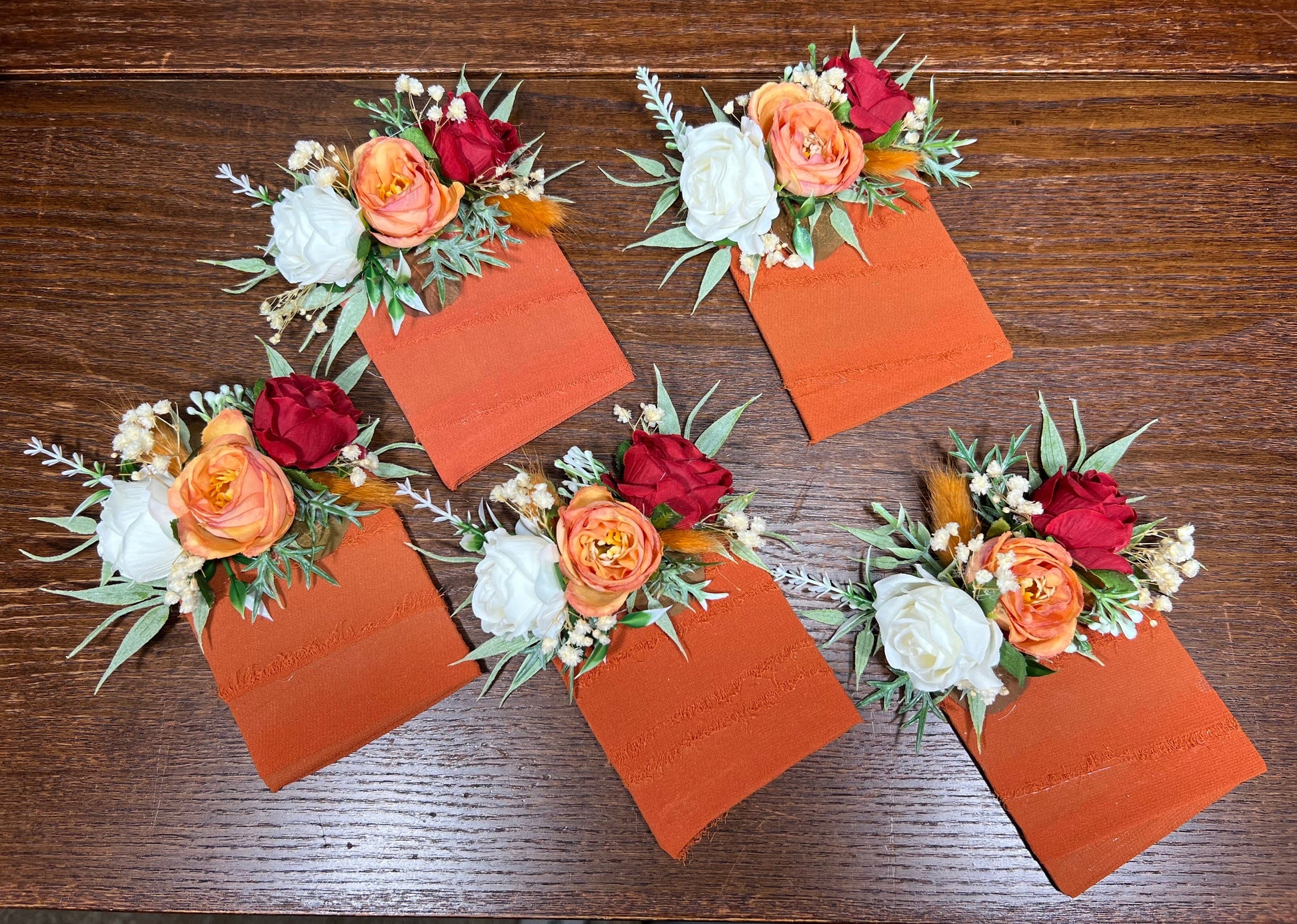 Wedding Pocket Boutonniere Terracotta Groom Boutonnière Square Groomsmen Rust White Burnt Orange Ivory Boutonniere Red Artificial Flowers