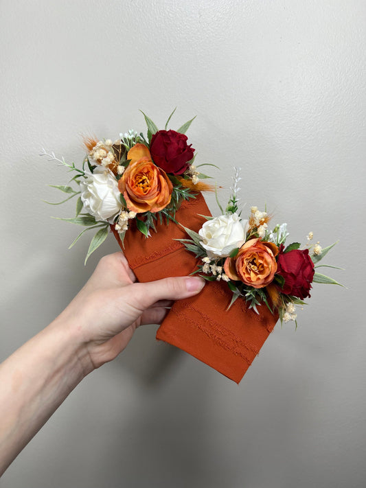 Burnt Orange Pocket Boutonniere, Fall Wedding Flowers, Burgundy Groom Pocket Square, Dark Red Terracotta Rose Groomsmen Boutonniere DUP