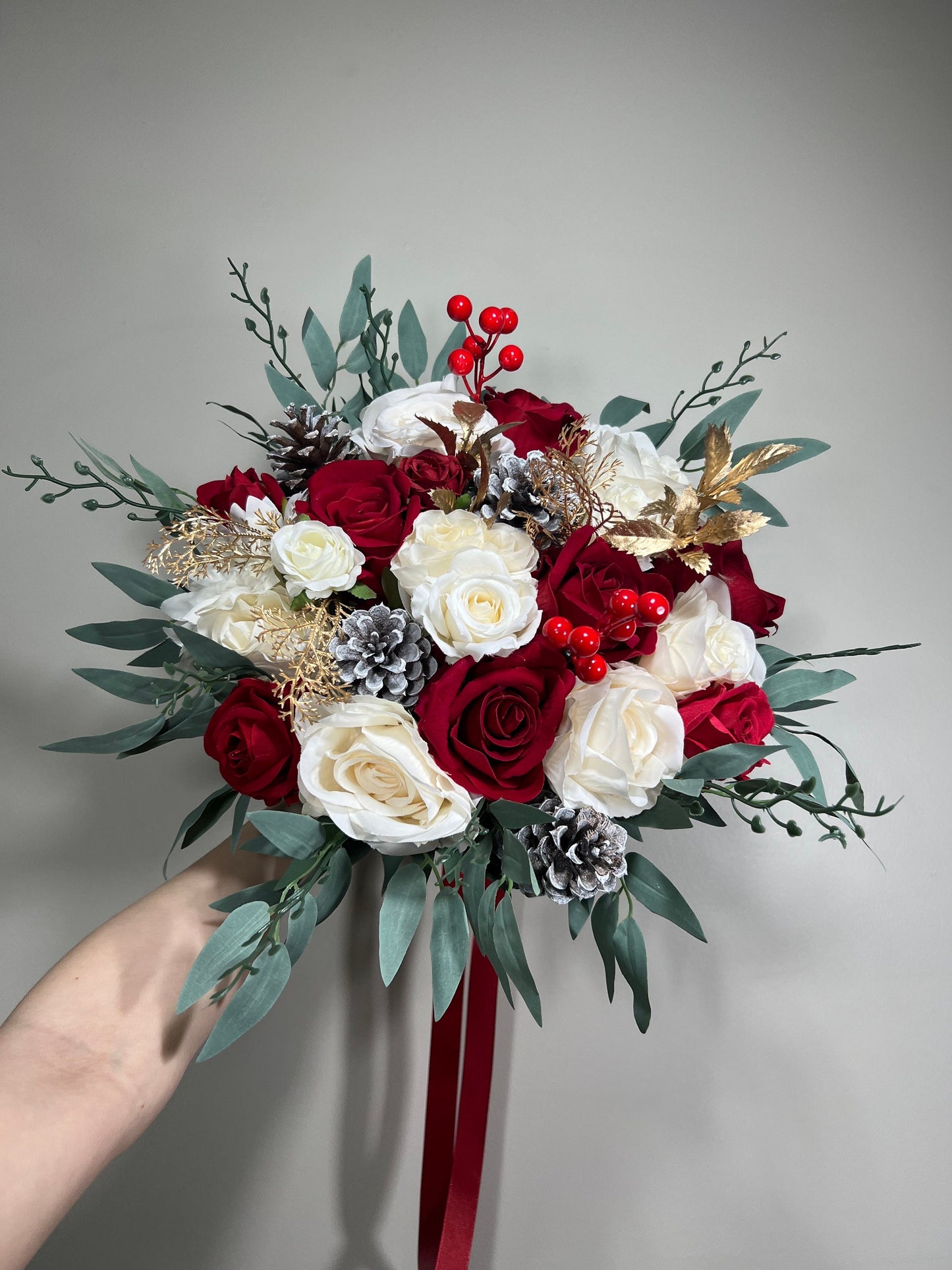 Wedding Christmas Bouquet Bridal Red White Rustic Bridesmaids Decor Gold Christmas Tree Winter Snow Pine Cone Red Berries Artificial