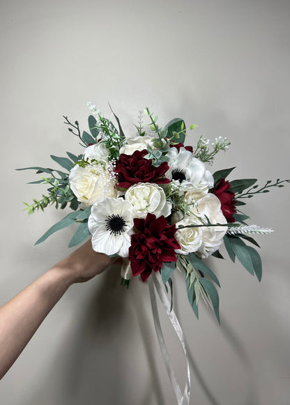 Wedding Bouquet Anemone Bridal Ivory Anemone White Bridesmaids Bouquet Burgundy Dahlia White Anemone Winter Christmas Artificial Flower