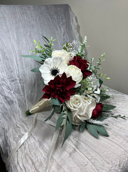 Wedding Bouquet Anemone Bridal Ivory Anemone White Bridesmaids Bouquet Burgundy Dahlia White Anemone Winter Christmas Artificial Flower