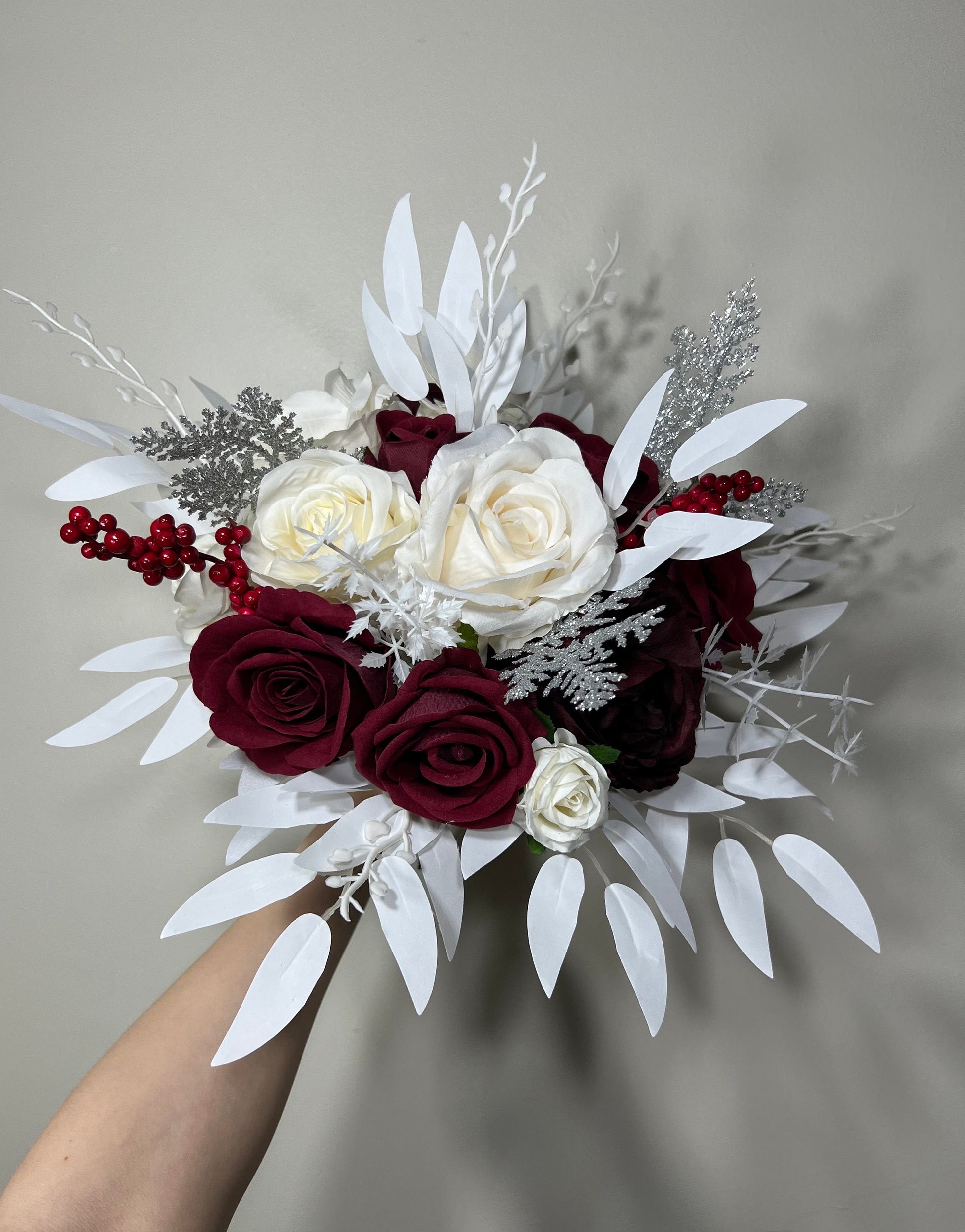 Wedding Christmas Bouquet Burgundy Bridal White Rustic Bouquet Bridesmaids Burgundy White Winter Gold Silver Ivory Artificial Flower Winter