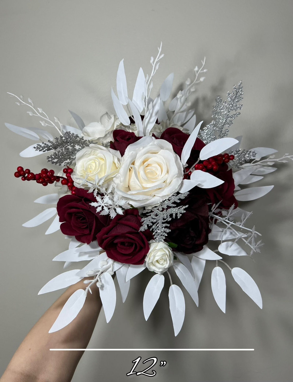Wedding Christmas Bouquet Burgundy Bridal White Rustic Bouquet Bridesmaids Burgundy White Winter Gold Silver Ivory Artificial Flower Winter