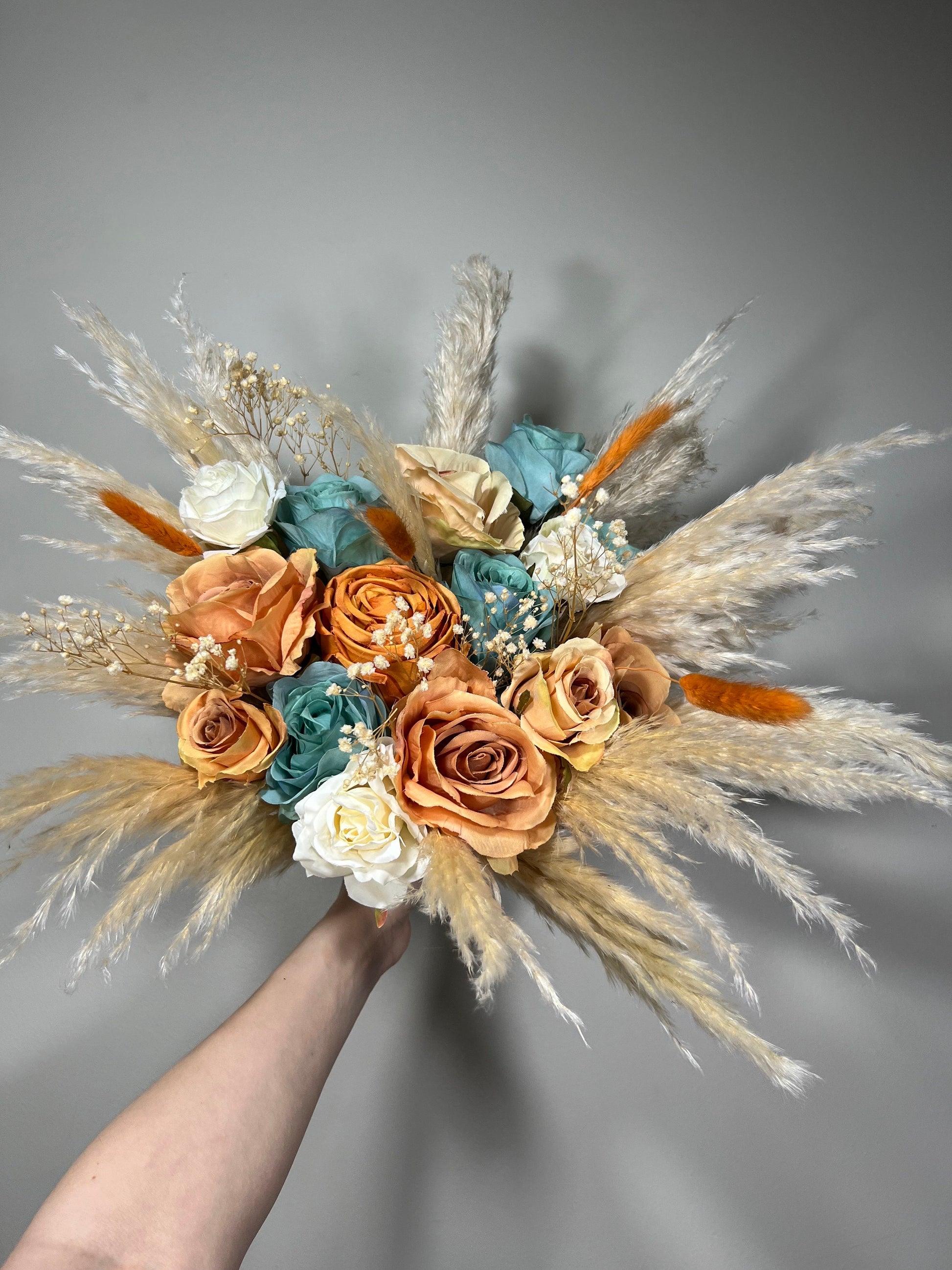 Wedding Terracotta Bouquet Bridal Teal Bridesmaids Bouquet Boho White Ivory Rust Pampas Grass Blue Terracotta Teal Artificial Flower