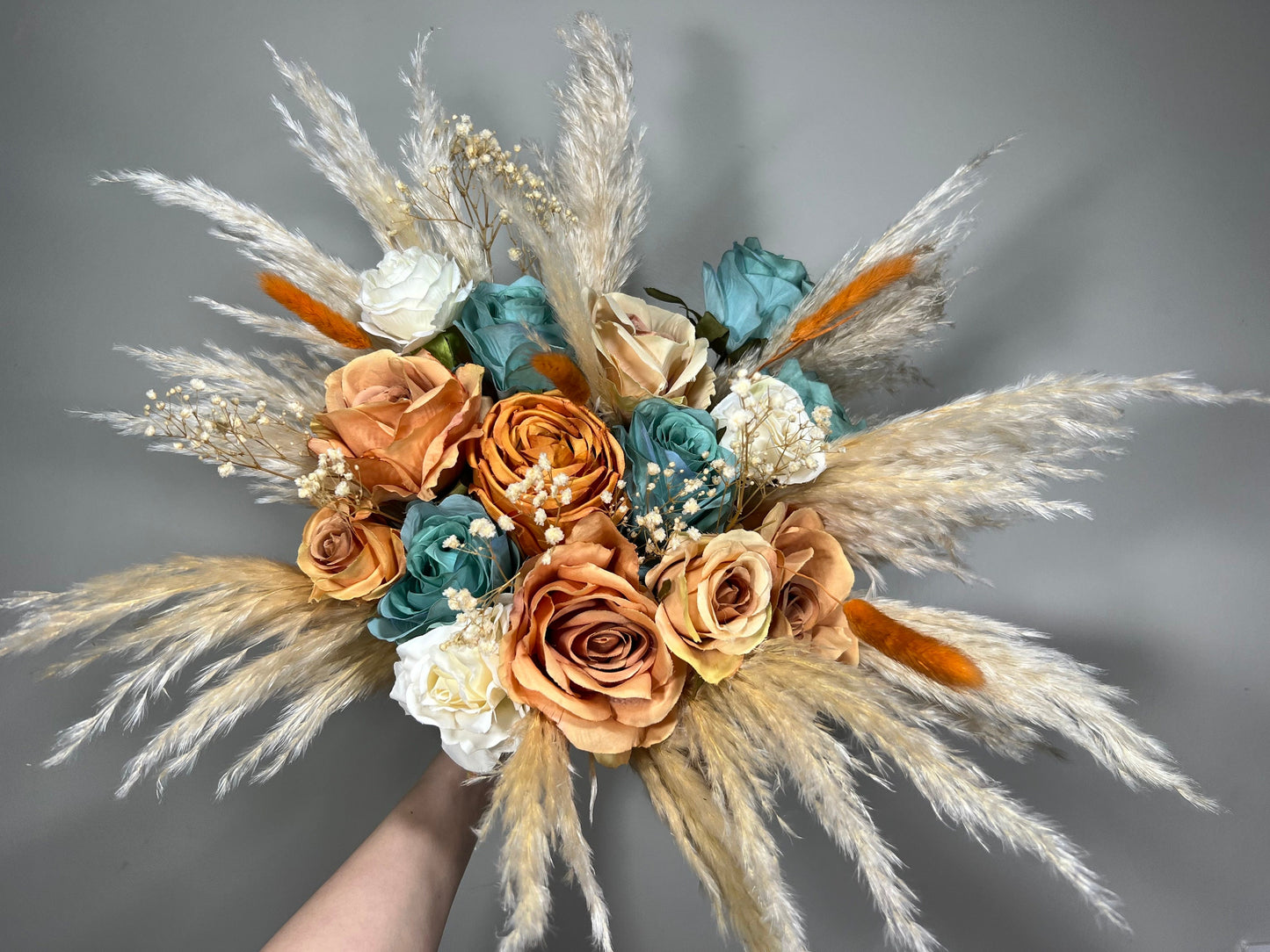 Wedding Terracotta Bouquet Bridal Teal Bridesmaids Bouquet Boho White Ivory Rust Pampas Grass Blue Terracotta Teal Artificial Flower