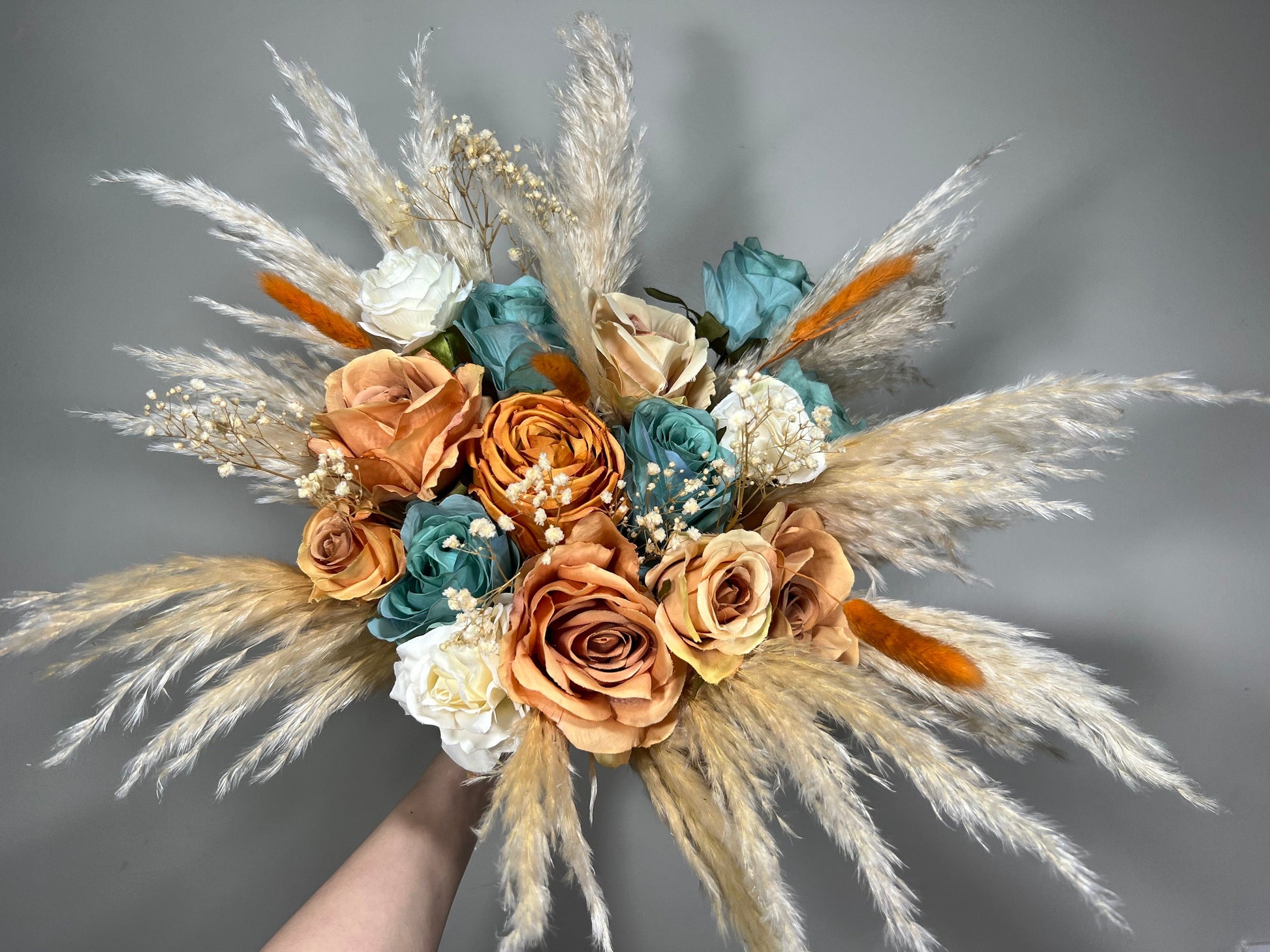 Wedding Terracotta Bouquet Bridal Teal Bridesmaids Bouquet Boho White Ivory Rust Pampas Grass Blue Terracotta Teal Artificial Flower